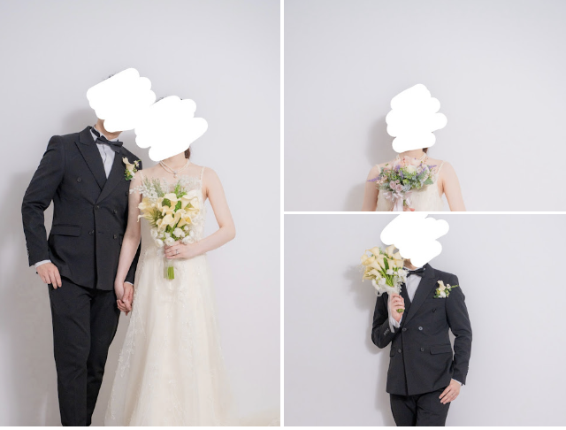スタジオで撮影されたセルフウェディングフォトの様子