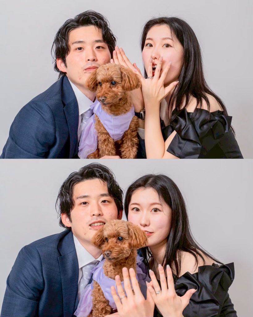 INAI WEDDING 東京スタジオで撮影された愛犬と一緒に撮るウェディングフォト（白背景）
