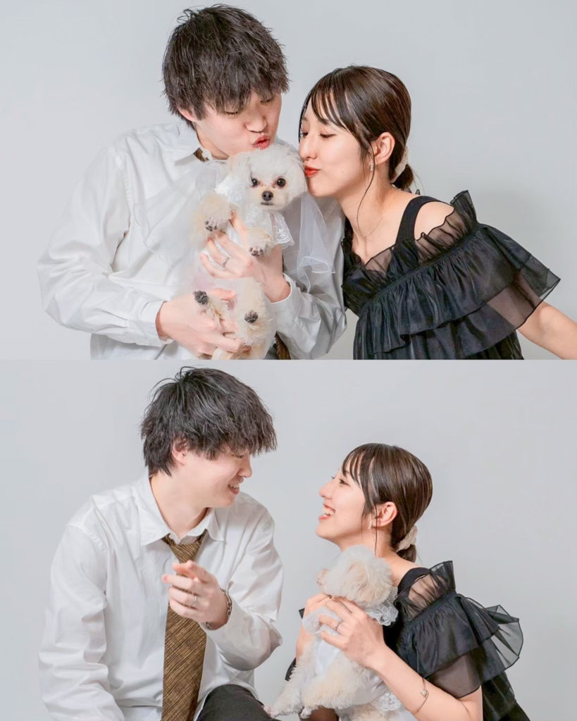 INAI WEDDING 東京スタジオで撮影された愛犬と一緒に撮るウェディングフォト（白背景）